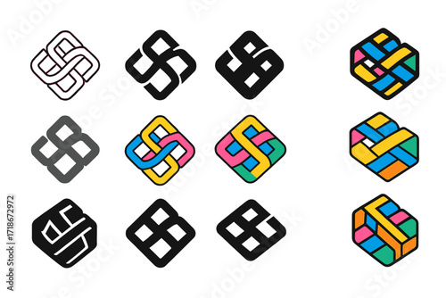 Tangle Logo Variations. Set Logo of Tangle: Interwoven Threads. Logo set in vector style, emblematic variations. line, bold thick line, solid black filled,