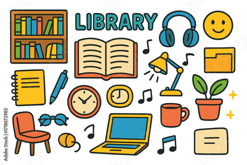 Library Doodle Wonderland. Colorful Hand-drawn doodle Children illustration Library quiet soundscape [bookshelf, open book, notebook, pen, headphones, laptop,