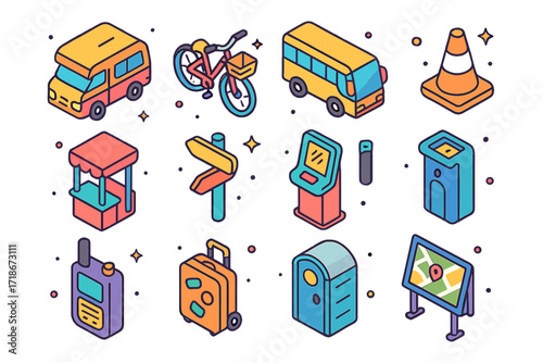 Festival Transport Icons. Colorful isometric vector icons set of festival transportation and logistics: camper van, bicycle with basket, shuttle bus, parking