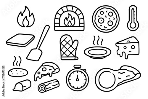 Pizza Cooking Icons. Hand-drawn doodle illustration Pizza oven cooking process fire icon, pizza stone, spatula, oven mitt, pizza peel, thermometer, pizza