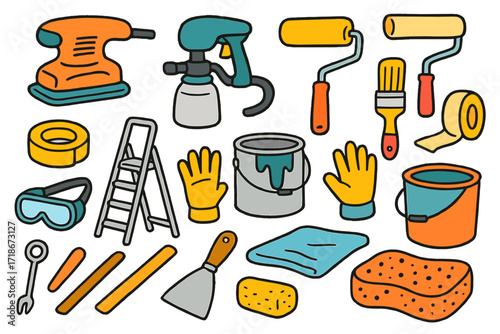 Vibrant Painting Tools Doodle. Colorful Hand-drawn doodle Children illustration Painting and renovation tools electric sander, paint sprayer, roller, brush,