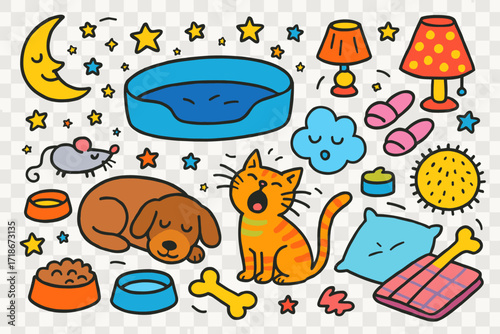 Cozy Pet Bedtime. Colorful Hand-drawn doodle Children illustration Getting pets settled for the night pet bed, sleepy dog, yawning cat, moon, stars, blanket,