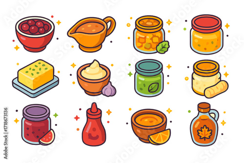 Holiday Condiment Icons. Colorful isometric vector icons set of Holiday condiments and sauces: cranberry sauce, turkey gravy, apple chutney, honey mustard,
