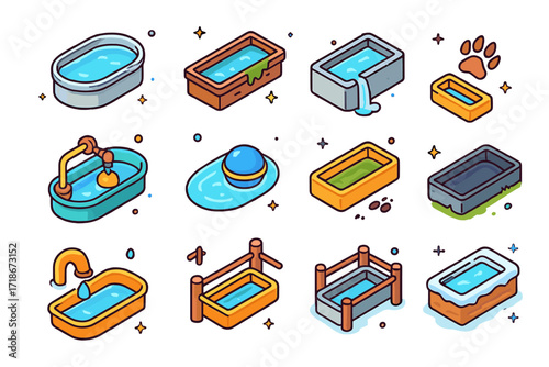 Isometric Trough Icons. Colorful isometric vector icons set of Watering trough: metal trough with clear water, wooden trough with moss, concrete trough with