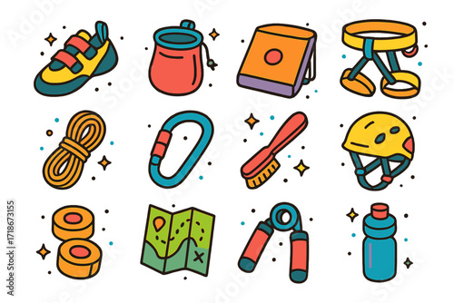 Bouldering Gear Icons. Colorful isometric vector icons set of Boulder Climbing Gear: climbing shoes, chalk bag, crash pad, harness, climbing rope, carabiner,