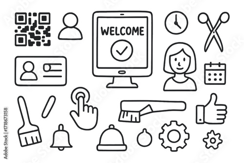 Salon Check-In Doodle. Hand-drawn doodle illustration [salon digital check-in system] [tablet, QR code, user profile, clock, scissors, welcome screen, confirm