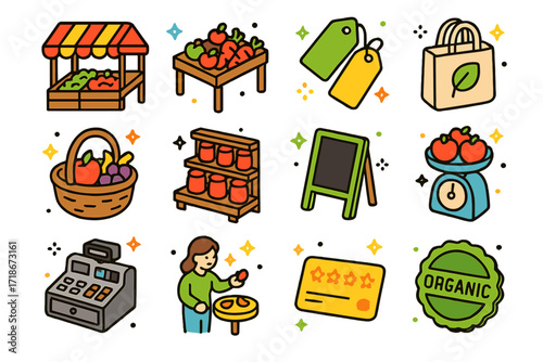 Farmers' Market Icons. Colorful isometric vector icons set of Farmers? market and selling: tent booth, produce table, price tags, reusable bag, basket of