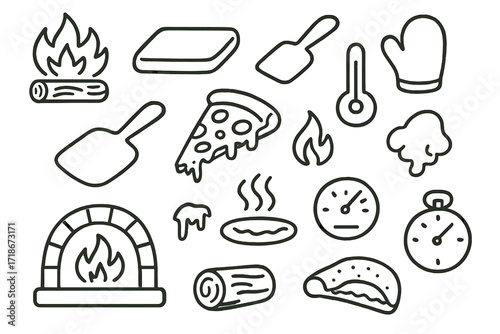 Pizza Cooking Icons. Hand-drawn doodle illustration Pizza oven cooking process fire icon, pizza stone, spatula, oven mitt, pizza peel, thermometer, pizza