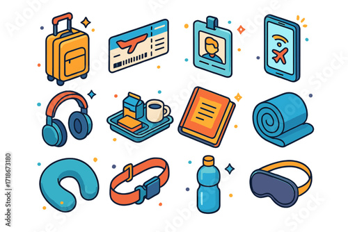 Isometric Travel Essentials. Colorful isometric vector icons set of essentials for flying: hand luggage, boarding pass, ID card, airplane mode phone,