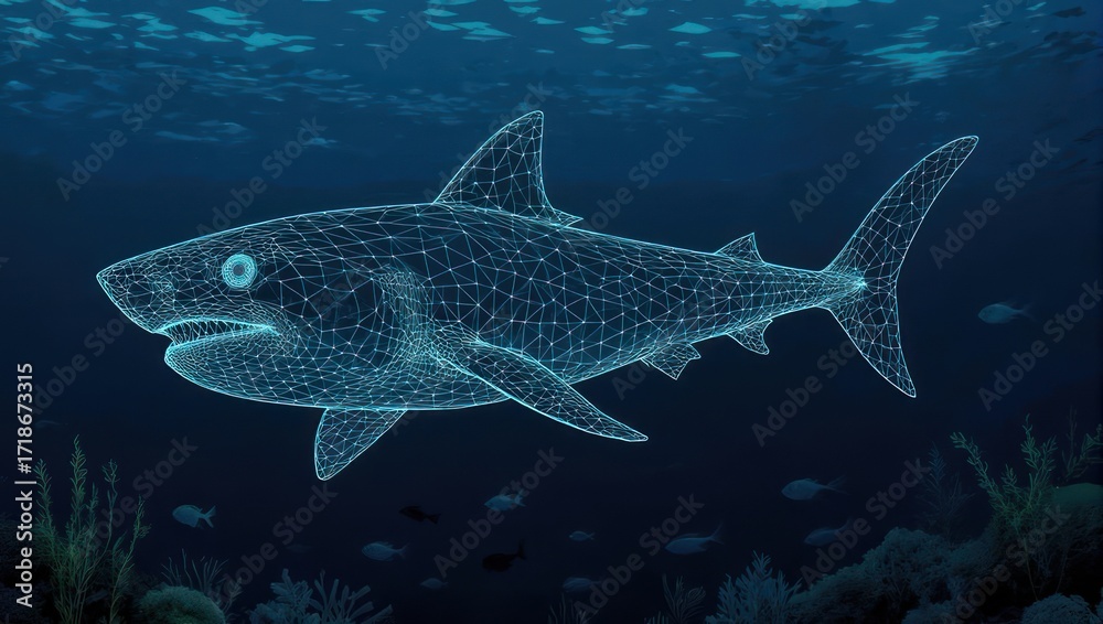 Naklejka premium Dynamic wireframe shark glides through deep ocean depths, showcasing futuristic marine biology and digital exploration