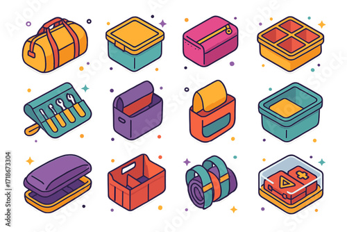 Colorful Emergency Kit Icons. Colorful isometric vector icons set of emergency roadside kit storage: duffel bag, plastic storage box, zippered pouch,