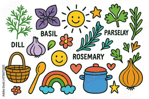 Herb Garden Doodles. Colorful Hand-drawn doodle Children illustration Dill Kitchen Herbs [dill sprig, basil, parsley, rosemary, garlic, onion, basket, spoon,