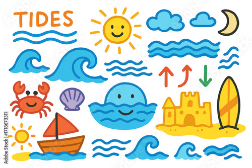 Beach Doodle Fun. Colorful Hand-drawn doodle Children illustration Tides and waves tide lines, beach, crab, seashell, wave crest, ripple, boat, sun, moon,