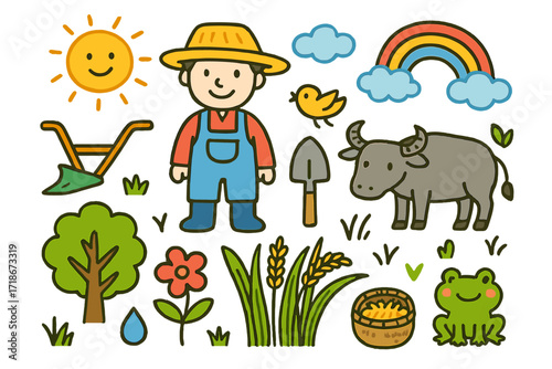 Traditional Farming Doodle. Colorful Hand-drawn doodle Children illustration Traditional Farming [farmer hat, plow, shovel, water buffalo, rice plant, tree,