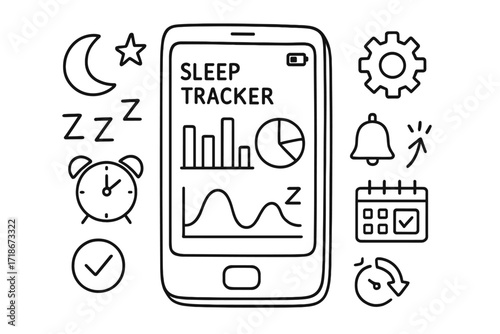 Sleep Tracker Interface. Hand-drawn doodle illustration Sleep tracker app interface [smartphone, chart, bar graph, pie chart, clock, moon, star, zzz symbol,