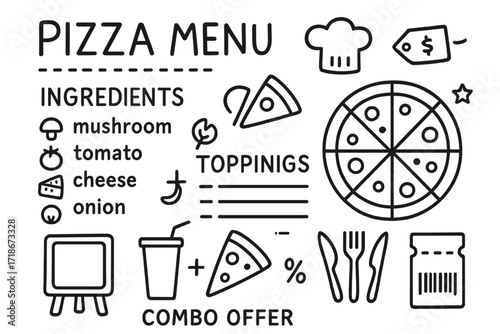 Pizza Menu Doodle. Hand-drawn doodle illustration Pizza menu design [pizza icon, price tag, ingredients, slice, full pizza, dotted lines, chef hat, combo