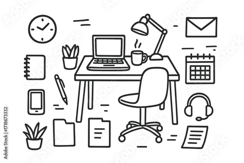 Home Office Doodles. Hand-drawn doodle illustration Home office workspace [desk, laptop, chair, lamp, clock, plant, notebook, pen, phone, folder, envelope,