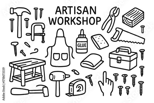 Artisan Workshop Tools. Hand-drawn doodle illustration Artisan Workshop hammer, nails, clamp, pliers, saw, wooden block, glue bottle, apron, measuring tape,