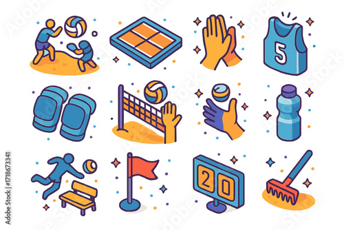 Volleyball Icons Collection. Colorful isometric vector icons set of volleyball team play: beach volleyball, court line, kneepads, high-five gesture, spike
