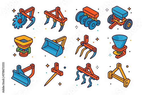 Tractor Tool Icons. Colorful isometric vector icons set of tractor attachments and tools: rotary plow, subsoiler, harrow discs, grain drill, fertilizer