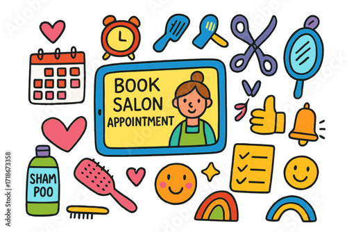 Salon Appointment Doodle. Colorful Hand-drawn doodle Children illustration Booking a Salon Appointment tablet, calendar, clock, hairbrush, scissors, heart,