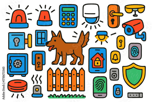 Home Security Doodle. Colorful Hand-drawn doodle Children illustration Home security system alarm siren, keypad, motion sensor, door lock, window sensor, CCTV