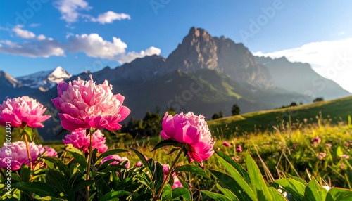 Fototapeta Naklejka Na Ścianę i Meble -  Pink peonies in a mountain meadow