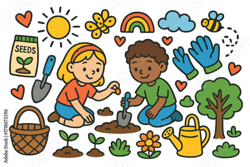 Children Planting Joy. Colorful Hand-drawn doodle Children illustration Planting Seeds [seed packet, shovel, watering can, gloves, basket, sprout, flower,