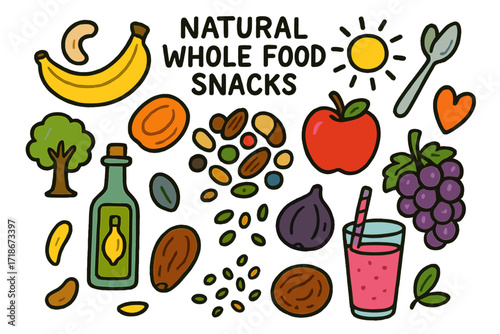 Colorful Whole Food Doodles. Colorful Hand-drawn doodle Children illustration Natural Whole Food Snacks cashew, banana, dried apricot, fig, trail mix, apple,