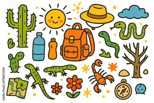 Desert Adventure Doodle. Colorful Hand-drawn doodle Children illustration Desert Survival [cactus, water bottle, backpack, sun, hat, snake, lizard, scorpion,