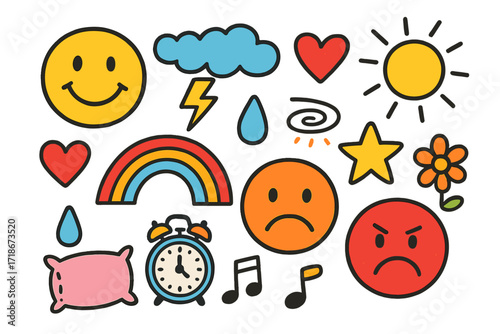 Emotional Doodle Icons. Colorful Hand-drawn doodle Children illustration mood swings happy face, sad face, angry face, heart, cloud, lightning bolt, sunshine,