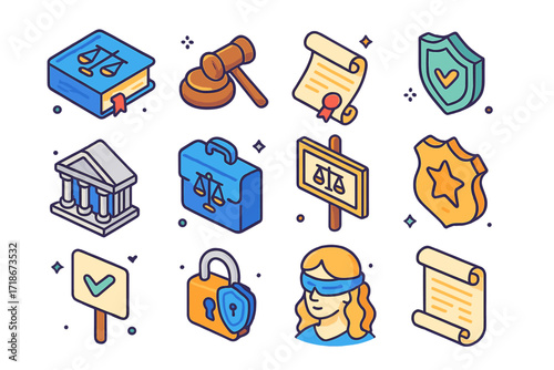 Colorful Legal Icons. Colorful isometric vector icons set of Law and civil rights: law book with scales, judge gavel, legal contract scroll, rights protection