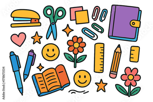 Colorful Office Supplies Doodle. Colorful Hand-drawn doodle Children illustration Office Supplies Organization stapler, scissors, sticky notes, paper clips,