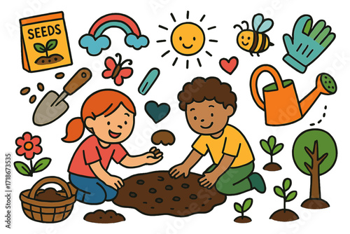 Children Planting Joy. Colorful Hand-drawn doodle Children illustration Planting Seeds [seed packet, shovel, watering can, gloves, basket, sprout, flower,