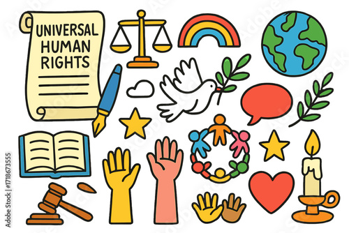 Universal Rights Imagery. Colorful Hand-drawn doodle Children illustration Universal human rights declaration scroll, pen, open book, balance scales, earth