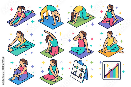 Yoga Flexibility Icons. Colorful isometric vector icons set of Yoga for Flexibility Goals: split stretch, backbend pose, forward fold, hip opener pose,