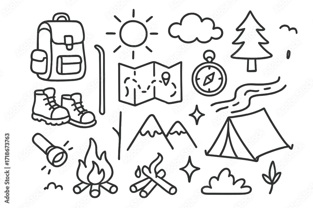 Fototapeta premium Hiking Journey Doodle. Hand-drawn doodle illustration Hiking Journey [backpack, boots, walking stick, map, compass, sun, cloud, tree, river, tent, campfire,