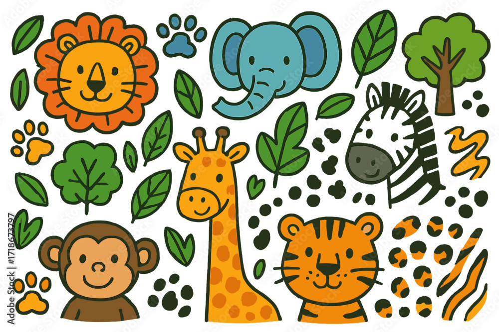 Naklejka premium Jungle Animal Doodle Rug. Colorful Hand-drawn doodle Children illustration Animal pattern rug lion, elephant, giraffe, zebra, monkey, paw prints, jungle