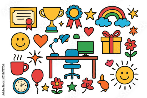 Colorful Workplace Symbols. Colorful Hand-drawn doodle Children illustration Workplace Appreciation [certificate, trophy, ribbon, smiling face, heart, star,
