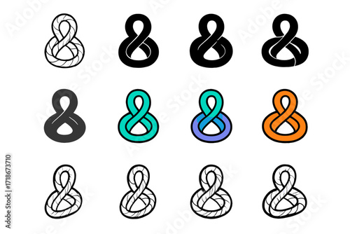 Braided Rope Logo Grid. Set Logo of Tangle: Braided rope loop. Logo set in vector style, emblematic variations. line, bold thick line, solid black filled,