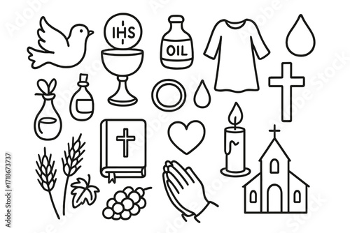 Sacrament Symbols Doodle. Hand-drawn doodle illustration Symbols of sacraments dove, chalice, host, oil, water drop, ring, robe, cross, candle, bible, wheat,