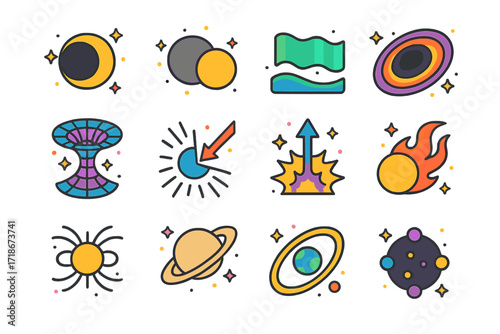 Astronomical Icons Collection. Space Phenomena. Colorful isometric vector icons set of space phenomena: solar eclipse, lunar eclipse, aurora, black hole,