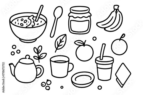 Smoothie Bowl Doodle. Hand-drawn doodle illustration Bowl Smoothie, Straw, Spoon, Fruit, Yogurt, Jar, Cup, Plate, Napkin, Leaf, Berries, Banana, Orange,