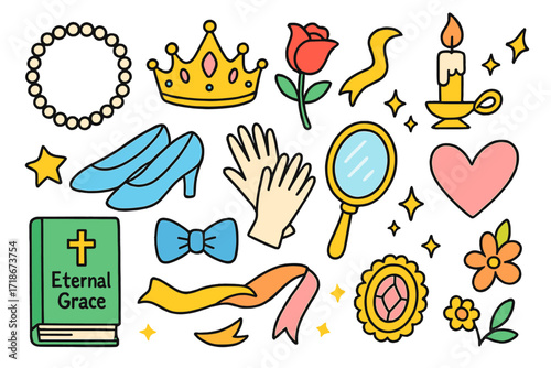 Children's Fantasy Treasures. Colorful Hand-drawn doodle Children illustration Eternal Grace pearl necklace, tiara, rose, elegant shoes, gloves, bow tie,