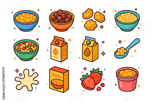 Colorful Cereal Icons. Colorful isometric vector icons set of cereal and milk options: cornflakes bowl, chocolate puffs, granola clusters, rice crisps, muesli
