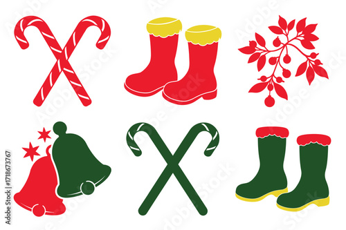 Christmas Icons Candy Canes Boots Bells and Holly Sprig 