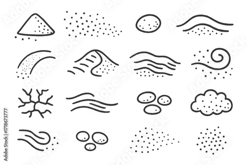 Sandy Texture Doodle. Hand-drawn doodle illustration Sand and Dust Texture [grain pile, tiny dots scatter, pebble, dune line, sand ripple, dusty arc, desert