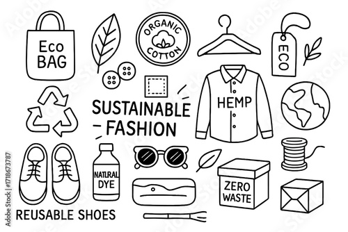 Sustainable Fashion Icons. Hand-drawn doodle illustration Sustainable Fashion tote bag, plant leaf, organic cotton label, hemp shirt, recycling arrows, wooden