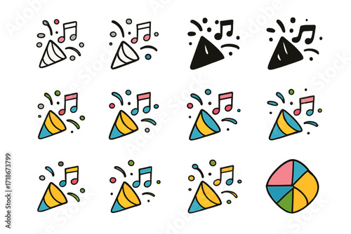 Zumba Party Logos. Set Logo of Zumba Party: Confetti and music notes. Logo set in vector style, emblematic variations. line, bold thick line, solid black