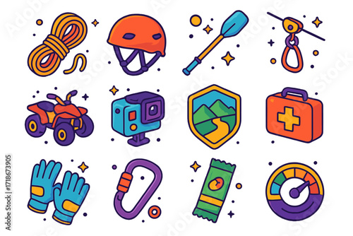 Adventure Icons Set. Colorful isometric vector icons set of Adventure excursion: climbing rope, helmet, raft paddle, zipline, quad bike, GoPro camera, trail